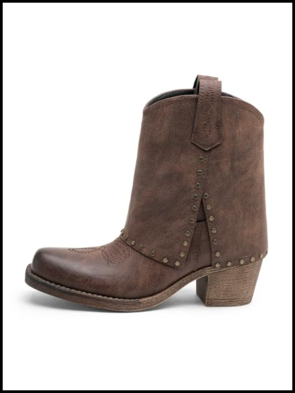 Studded Western Ankle Boots Square Toe Low Block Heel Slouchy Pull-On